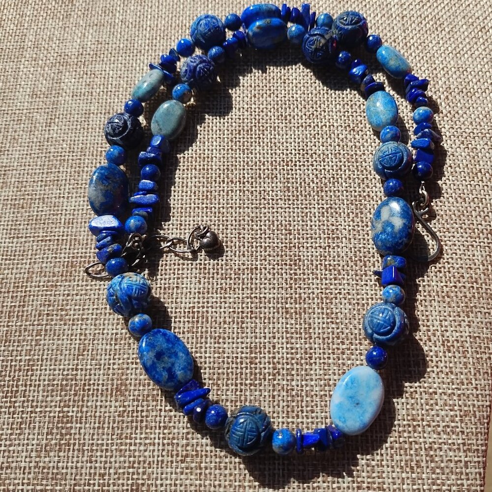 Jay King DTR Sodalite Lapis carved bead necklace 925 Sterling Silver 22" - 25"